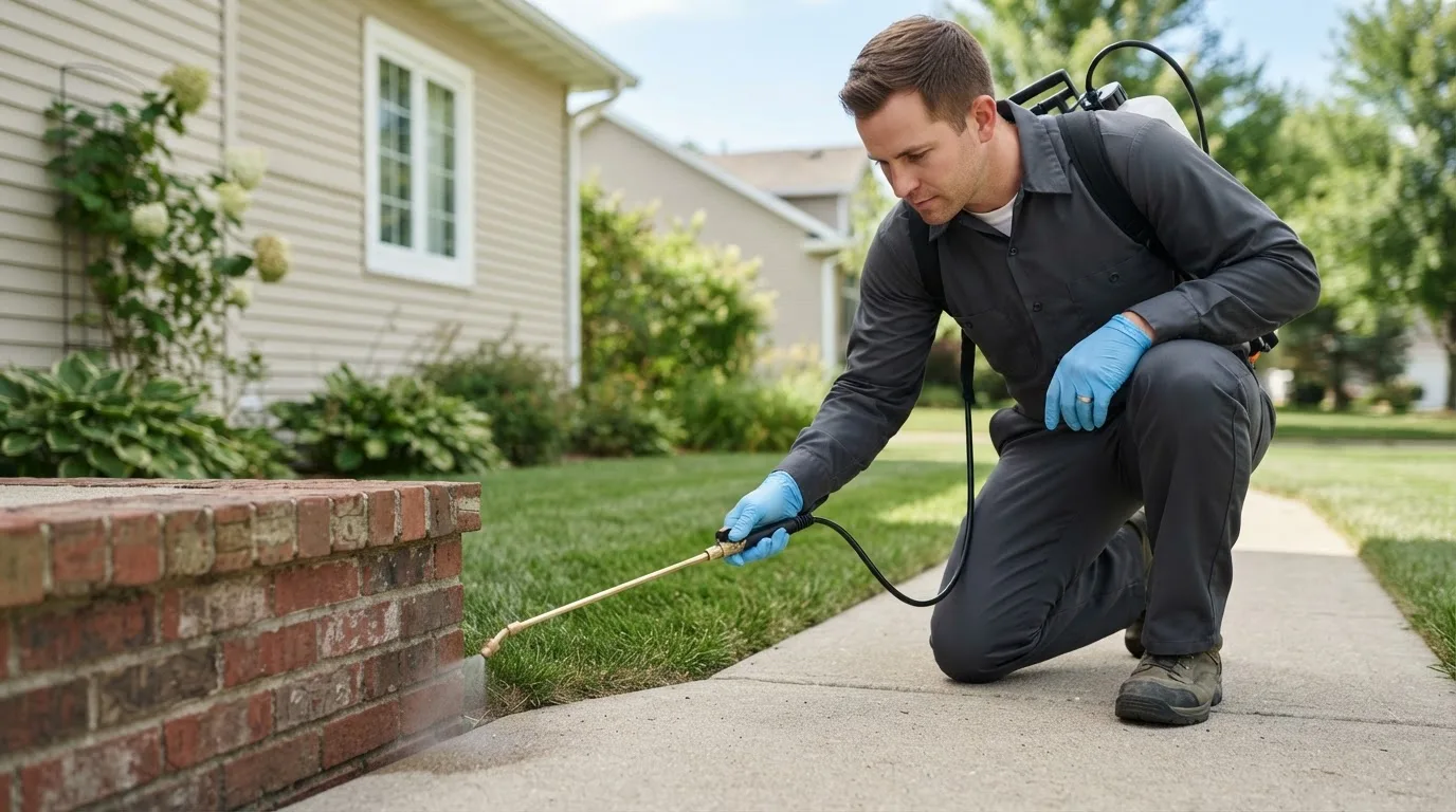 Pest control technician treating a home near Lynnville, IA