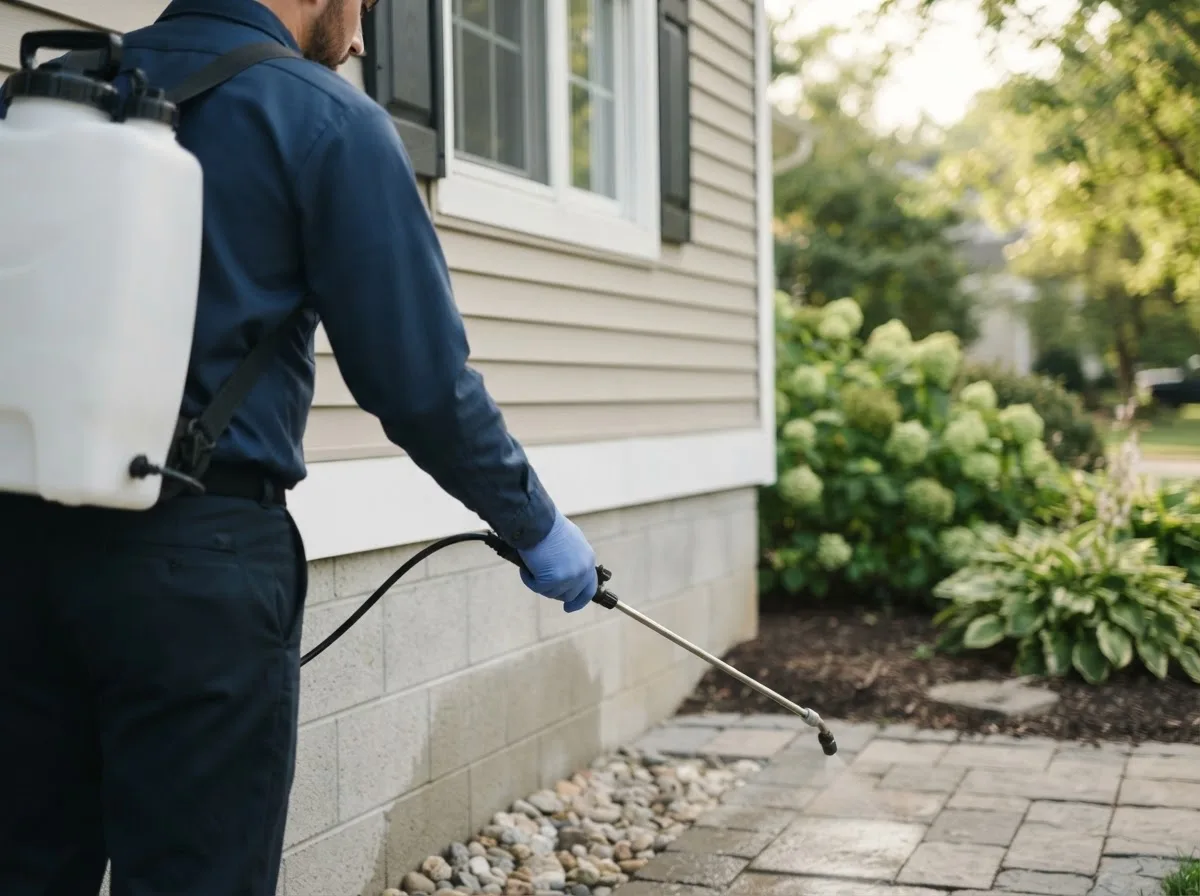 Pest control technician inspecting a home in Lynnville, IA